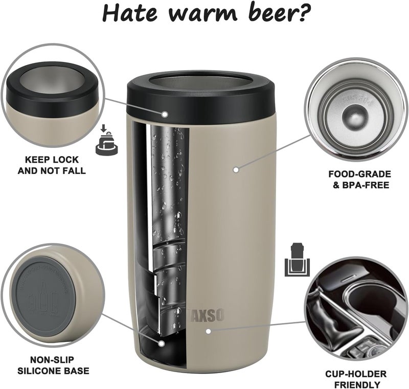 ITSLIFE 4-in-1 Slim Can Cooler Easy to Hold Insulated Beer Can Holder Double-walled Stainless Steel for All 12 Oz Cans (Beige) - Image 4